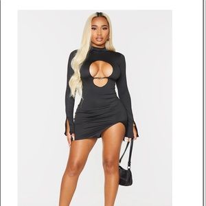 Shape Black Branded Trim Detail Cut Out High Neck Split Bodycon Dress